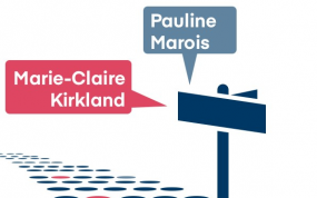 Illustration d'un route avec un panneau d'affichage où deux phylactères sont placées au-dessus et où on y lit "Marie-Claire Kirkland" et "Pauline Marois".