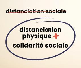 Distanciation sociale est barré en rouge. Distanciation physique + solidarité sociale est entouré en bleu.