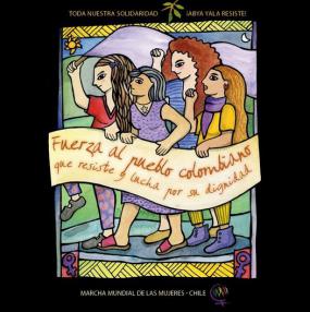 Oeuvre d'art représentant les femmes en marche de la délégation du Chili. Quatre femmes tiennent une banderole et ont le poing levé.