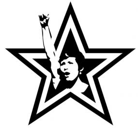 Illustration en noir et blanc d'une femme au poing levé au centre d'une étoile.