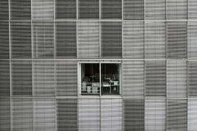 En noir et blanc, vu sur quelques étages d'un édifice. Les rideaux sont fermés, sauf pour une fenêtre.