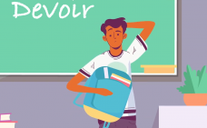 Illustration d'un jeune dans une salle de classe qui tient son sac à dos. Il se gratte la tête, l'air confus. Sur un tableau, en arrière-plan, il est écrit 