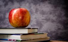 Photographie d'une pomme posée sur une pile de livres.