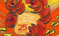 Logo du 25e anniversaire de la marche. Illustration d'un pain entouré de fleurs, superposé à une route rouge où il y a des traces de pas.