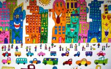 illustration colorée d'une rangée de bâtiment urbains avec une rue achalandée d'automobiles