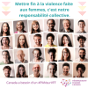 Collage de plusieurs photos de personnes qui sourient. Au-dessus, il est écrit « Mettre Mettre fin à la violence faite aux femmes, c'est notre responsabilité collective ». Au-dessous, il est écrit « Canada a besoin d'un #PANsurVFF, Hébergement Femmes Canada ».