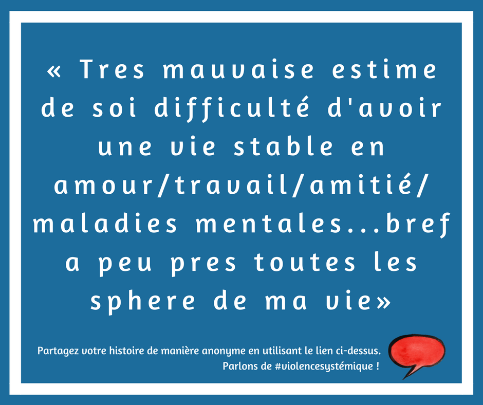  Tres mauvaise estime de soi difficulté d'avoir une vie stable en amour/travail/amitié/ maladies mentales...bref a peu pres toutes les sphere de ma vie