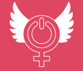 Illustration du symbole féminin avec des ailes blanches sur fond rose.