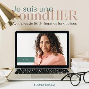 Illustration où une femme entrepreneure nommée Sarah apparaît à l'écran d'un ordinateur portable. En haut, il est écrit : Je suis une FoundHer avec plus de 800+ femmes fondatrices.