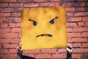Photo-montage d'une personne tenant une affiche avec un visage en colère.