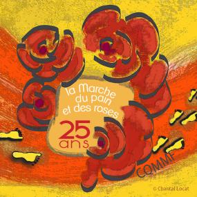 Logo du 25e anniversaire de la marche. Illustration d'un pain entouré de fleurs, superposé à une route rouge où il y a des traces de pas.