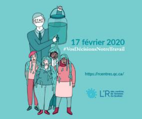 17 février 2020. #VosDécisionsNotreTravail. Un homme représentant l'état déverse de l'eau sur la tête de quatre femmes.