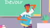 Illustration d'un jeune dans une salle de classe qui tient son sac à dos. Il se gratte la tête, l'air confus. Sur un tableau, en arrière-plan, il est écrit "Devoir".