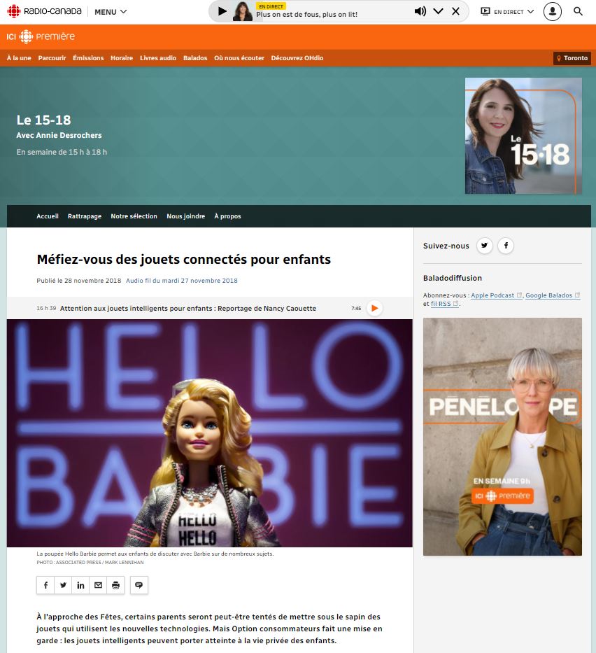 Article sur le site de Radio Canada présentant une poupée Hello Barbie en photo