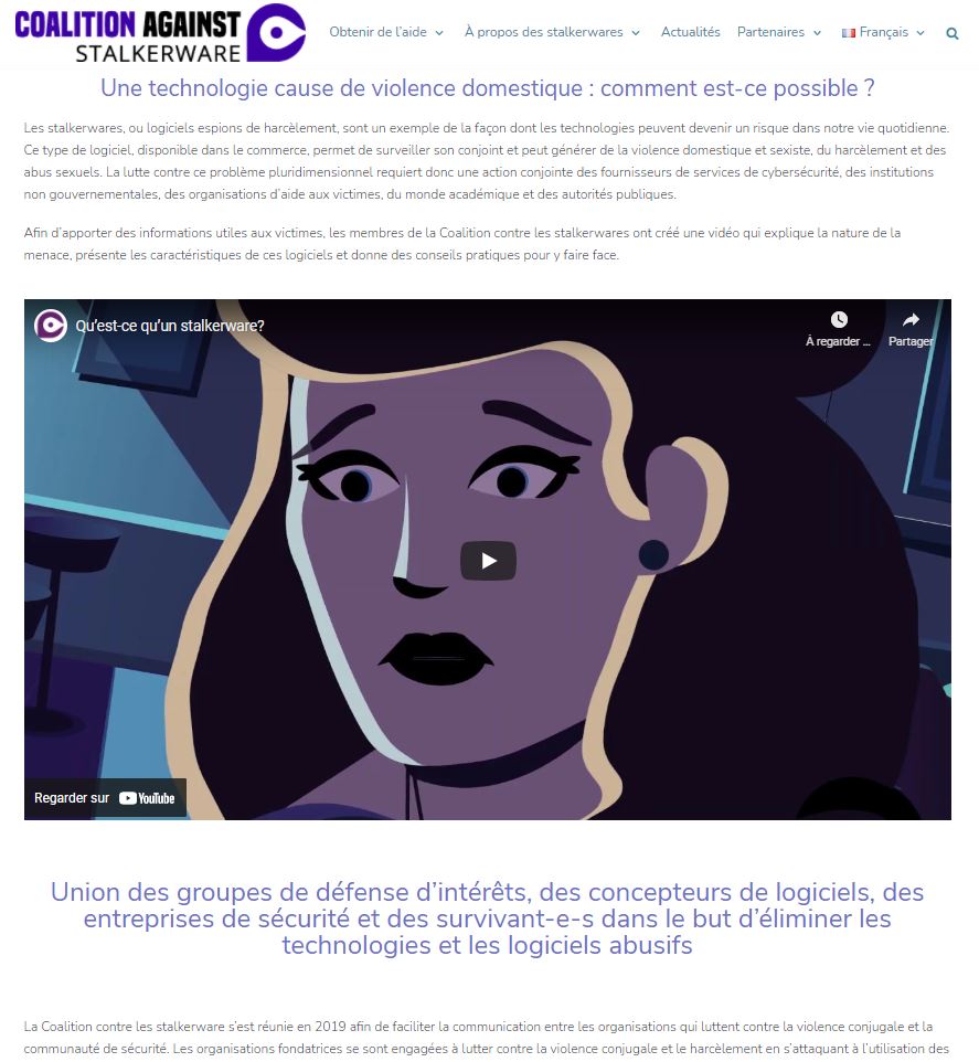 Page d'accueil présentant une vidéo explicative des stalkerware